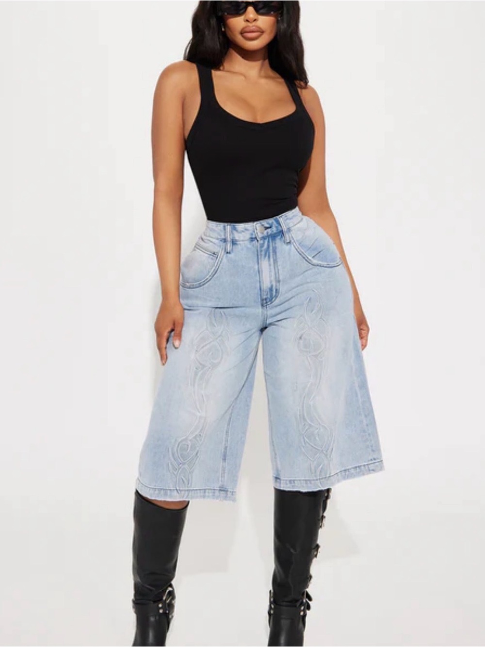 Austin Landing Wide Leg High Rise loose fit Jort Jeans with Embroidery